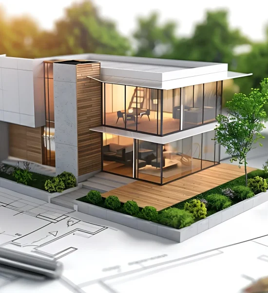 3d-illustration-modern-house-with-large-glass-facade-architectural-plans